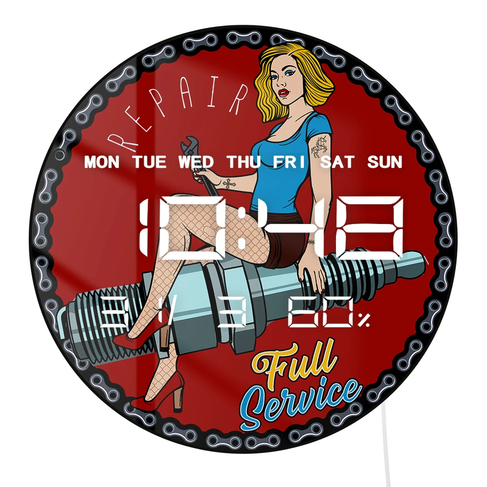Repair Full Service Garage Pin Up Rockabilly Girl LED Digital Wall Clock with Calendar Temperature 12/24hr Format Electric Clock