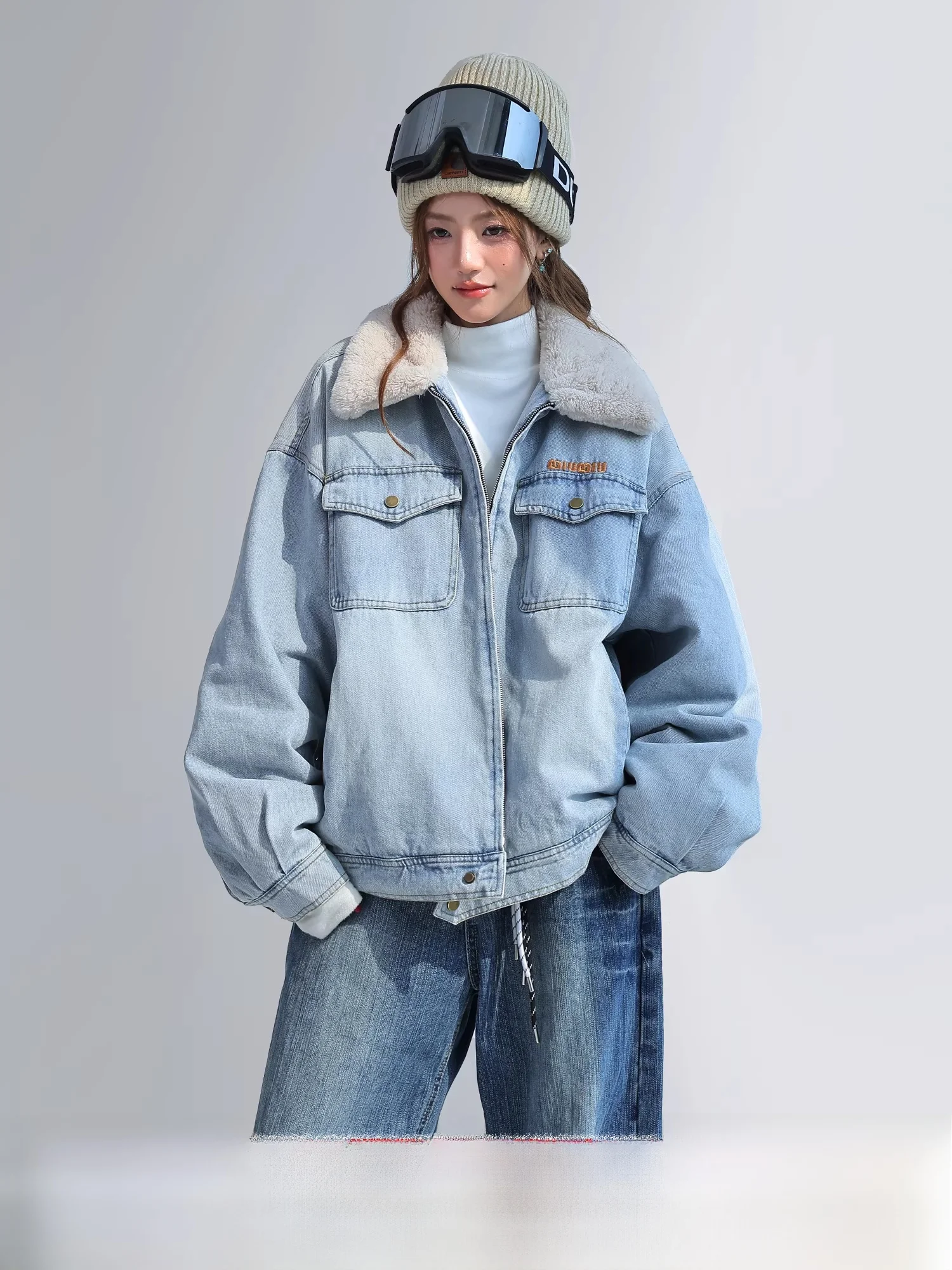 

Thiened Denim Jaet with Lamb Fur Collar Women's Winter Coat Warm Cotton Outerwear Loose Fit Commute Sle Zipper Closure