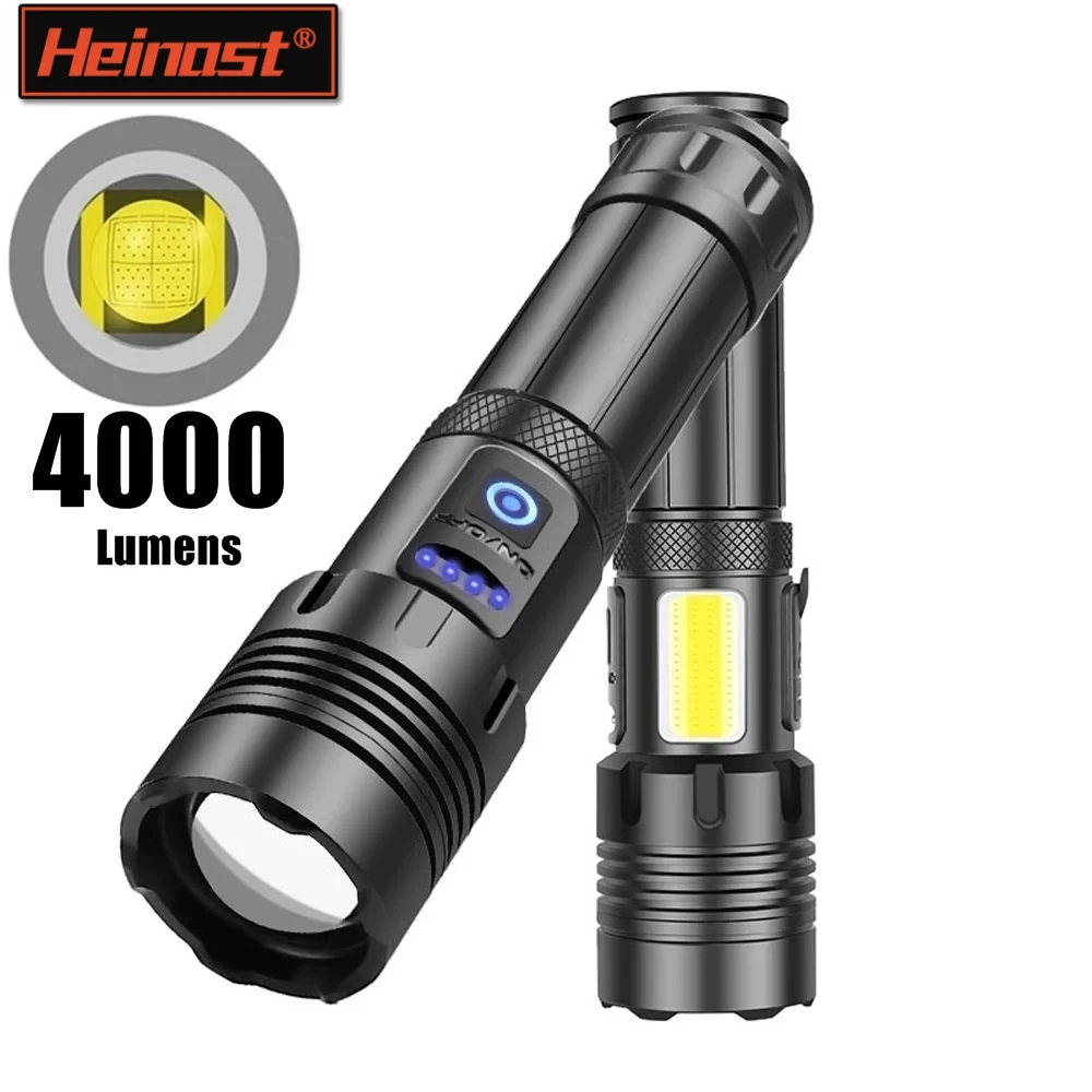 Heinast High Power Flashlight Tactical COB USB Charging Outdoor Zoom Hiking Camping Hunting Fishing Handheld Patrol Light Torch