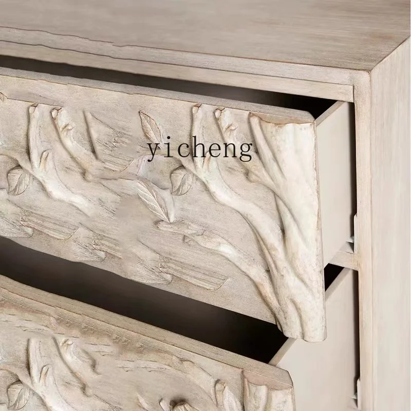 

French Style Solid Wood Carved Vintage Distressed Chest of Drawers American Hong Kong Style Entrance Storage
