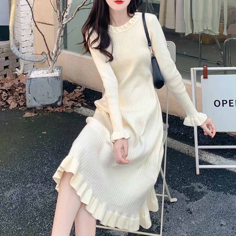 تنورة ماكسي طويلة محبوكة ملونة للخريف والشتاء، طبقة أساسية داخلية جديدة للنساء بمقاسات كبيرة