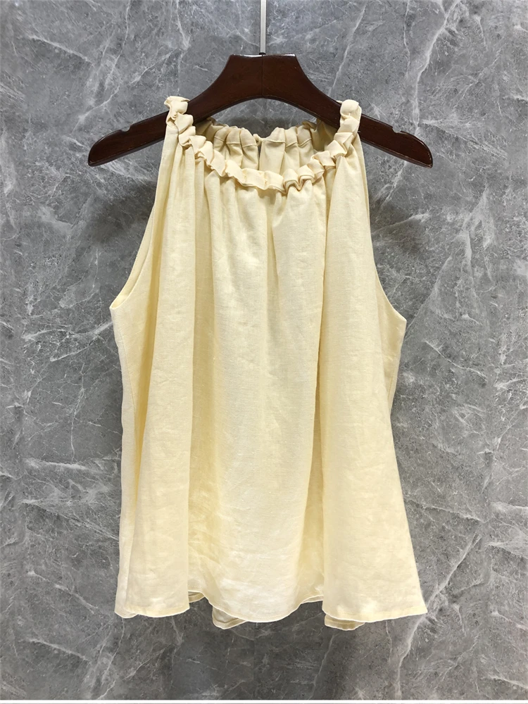 

Wrinkled linen suspender vest 2025 summer new women's halter neck versatile sleeveless top