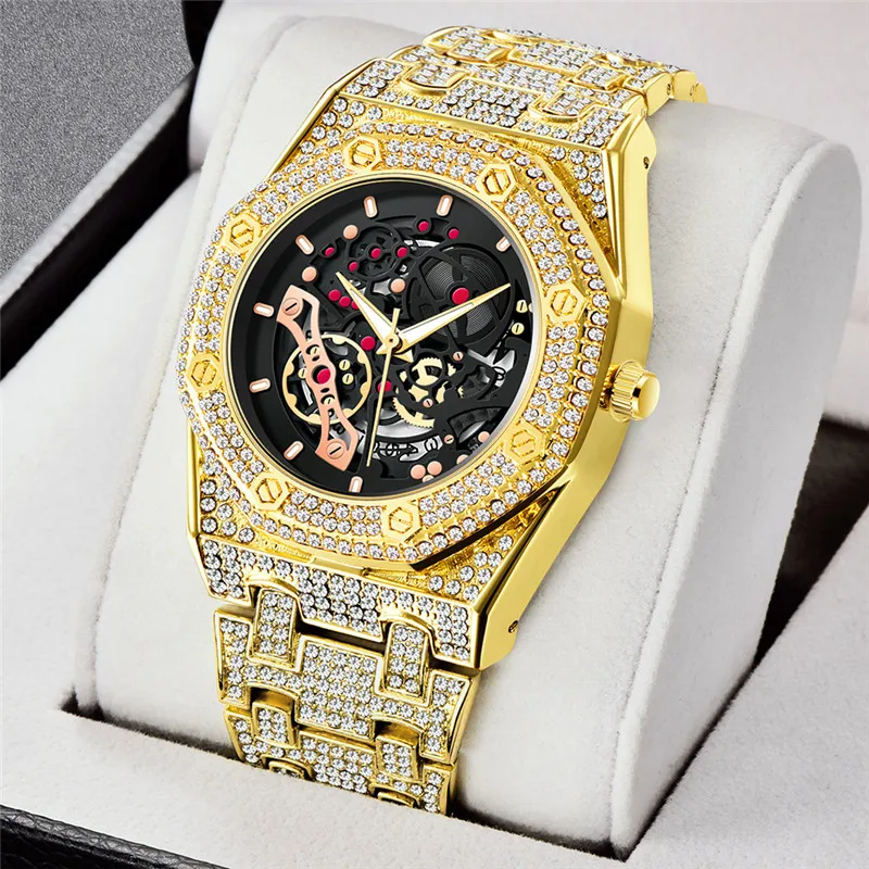 Men Luxury Brand Gold Watches Fashion Alloy Band Hip Hop Diamond Skeleton Date Quartz Watch Relogio Masculino Ouro Reloj Hombre