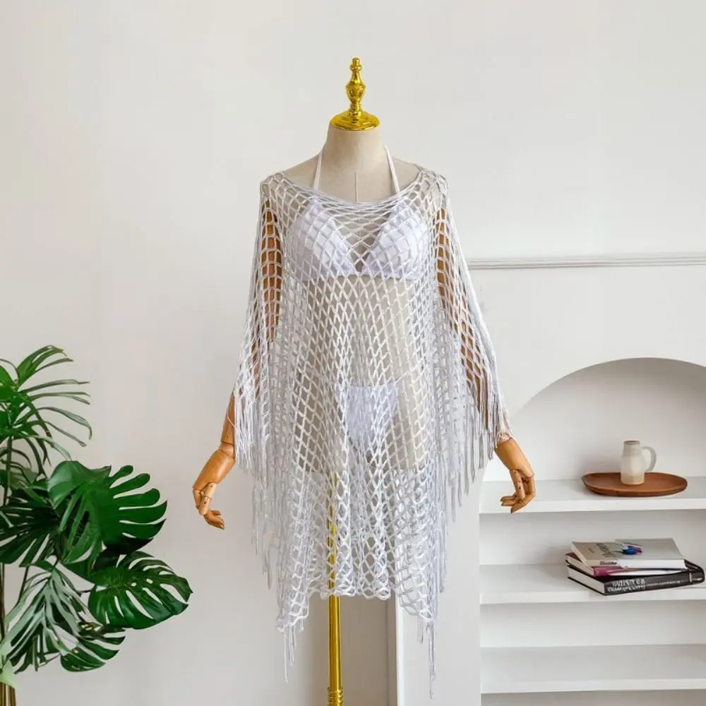 Solid Color Tassel Sunscreen Cover-up Crochet Plus Size Knit Hollow Out Top Casual Loose Fit Fishnet Swimsuit Cover Up Vacation view 4