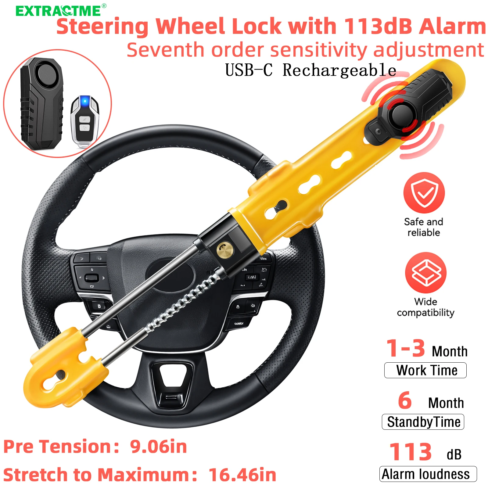 Extractme Steering Wheel Lock with 113dB Alarm Car Security Lock Car Alarm System for Auto Truck Van SUV Anti-Theft for Car