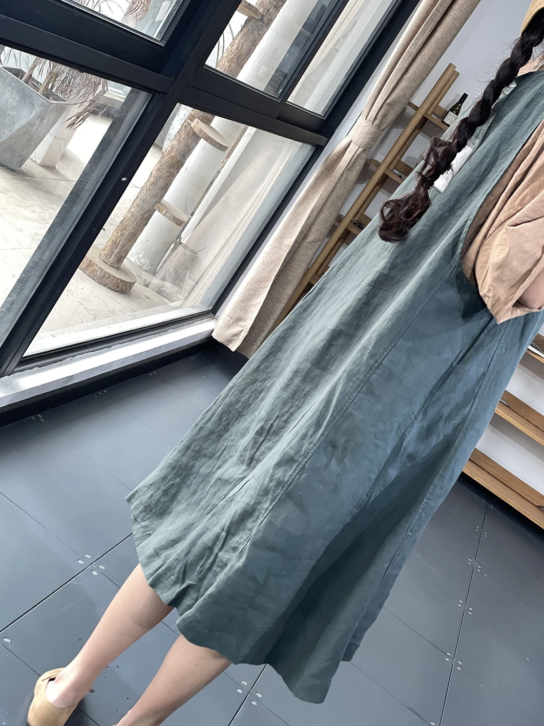 Vestido de Linho F com Bloco de Cores Vintage Decote em V ande Solto Sem Mangas Cintura Alta Estilo Casual Coreano d...