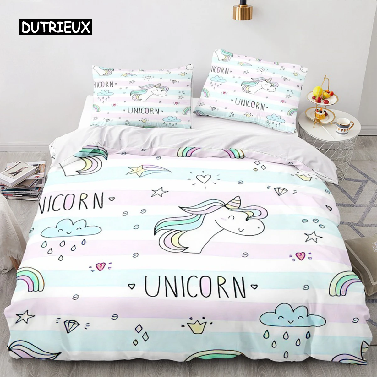 

Cartoon Unicorn Duvet Cover Rainbow Bedding Set Horse Microfiber Comforter Cover for Children Girls Birthday Gifts Room Decor