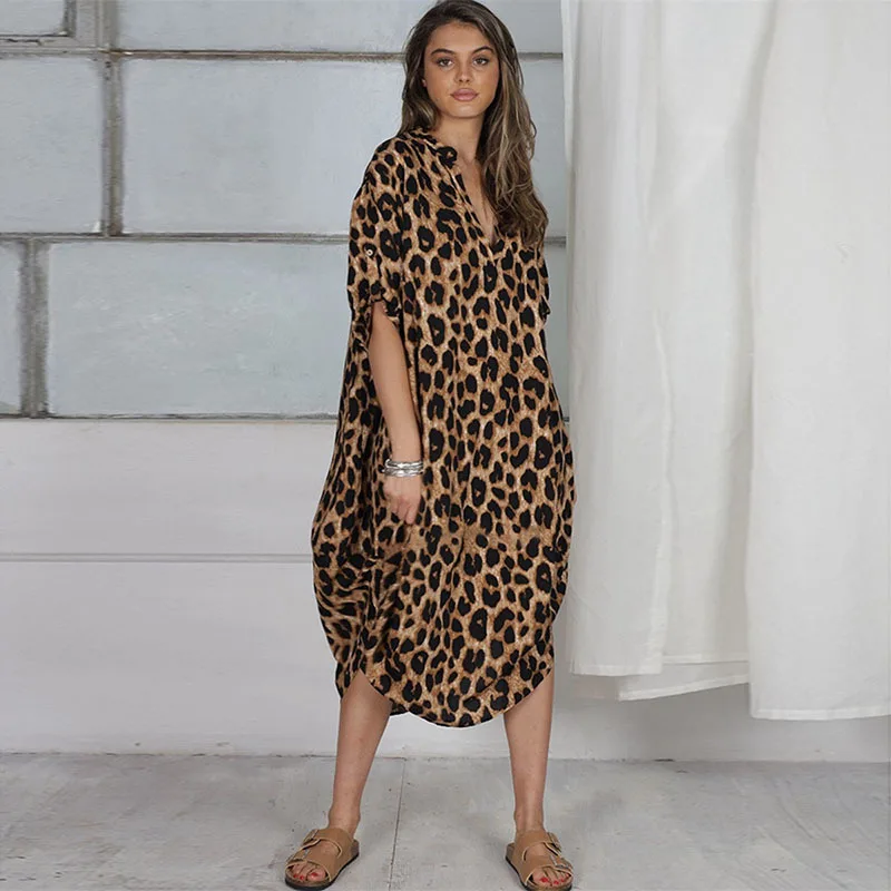 

Loose Kaftan Leopard Bikini Cover-ups Casual V-neck Maxi Dress Women Beach Wear Swim Suit Cover Up Loose