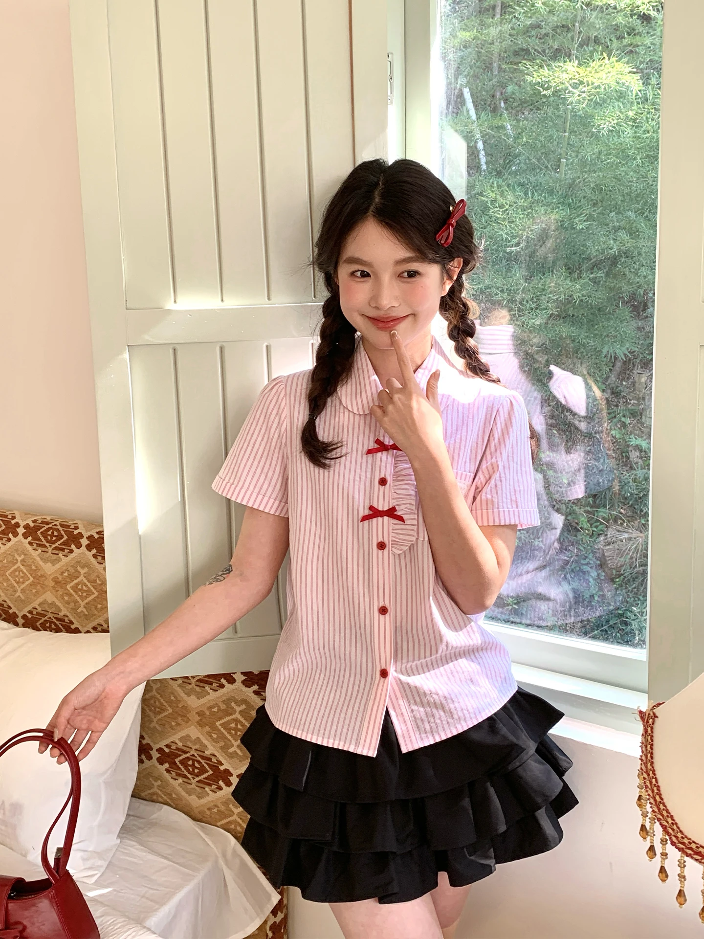 

Tokyo Annual Record JK Summer New Pink Girl Stripe Doll Collar irt Small Sweet Cute Top Cotton ort Sve Knot