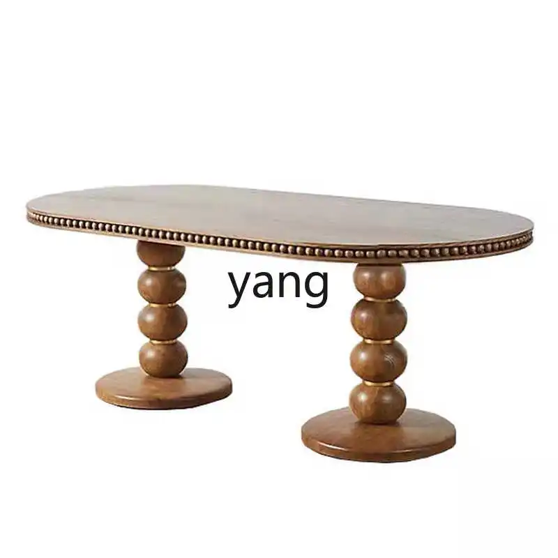 

Yjq Solid Wood Retro Ellipse Dining Table Distressed Roman Column Simple Living Room Furniture round Table