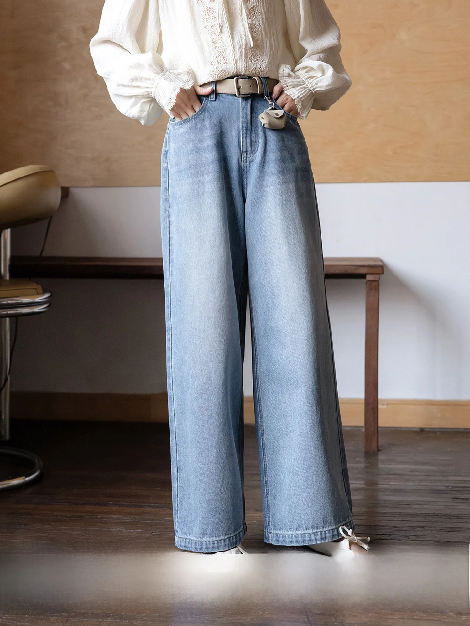 

Light Wash Straight Leg Jeans Women's Spring Wide Leg High Waist Cotton Blend Button Closure Comfortable Fit Casual Trousers