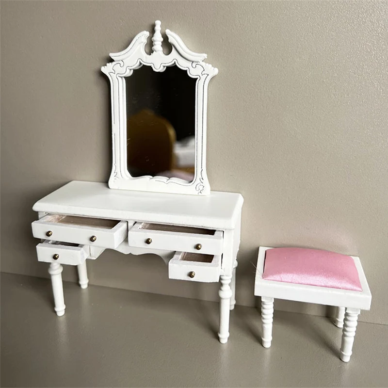 

1Set 1:12 Dollhouse Simulation Dressing Table Makeup Mirror W/Stool Model Kit Doll House Bedroom Furniture Micro Scene Prop
