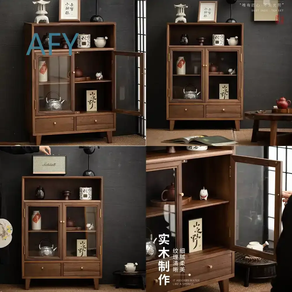 New Glass Display Cabinet with Drawers for Chinese Home Office Storage Pure Solid Wood Simple Walnut Style for Living Room