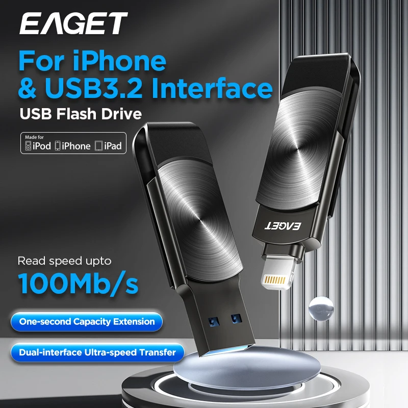 Eaget  USB Flash Drive MFi Lighting to USB 3.2 Pendrive 64GB 128GB 256GB 1TBUSB Memories Stick for IPhone IPad PC Phones Laptops