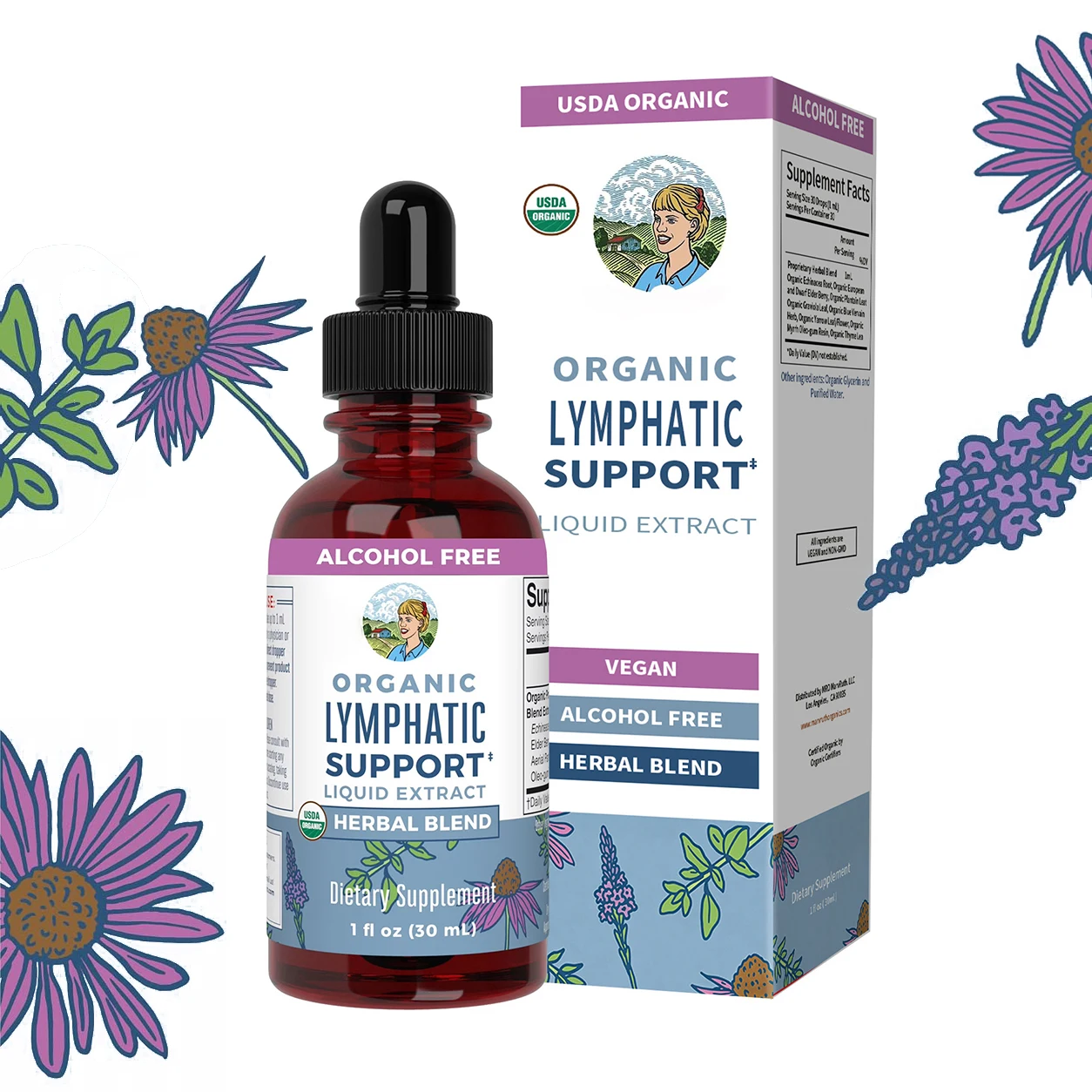 Organic Lymphatic Support Liquid Drops, Herbal Blend Lymph System Flow Supplement with Echinacea, Elderberry & Blue Vervain 30mL