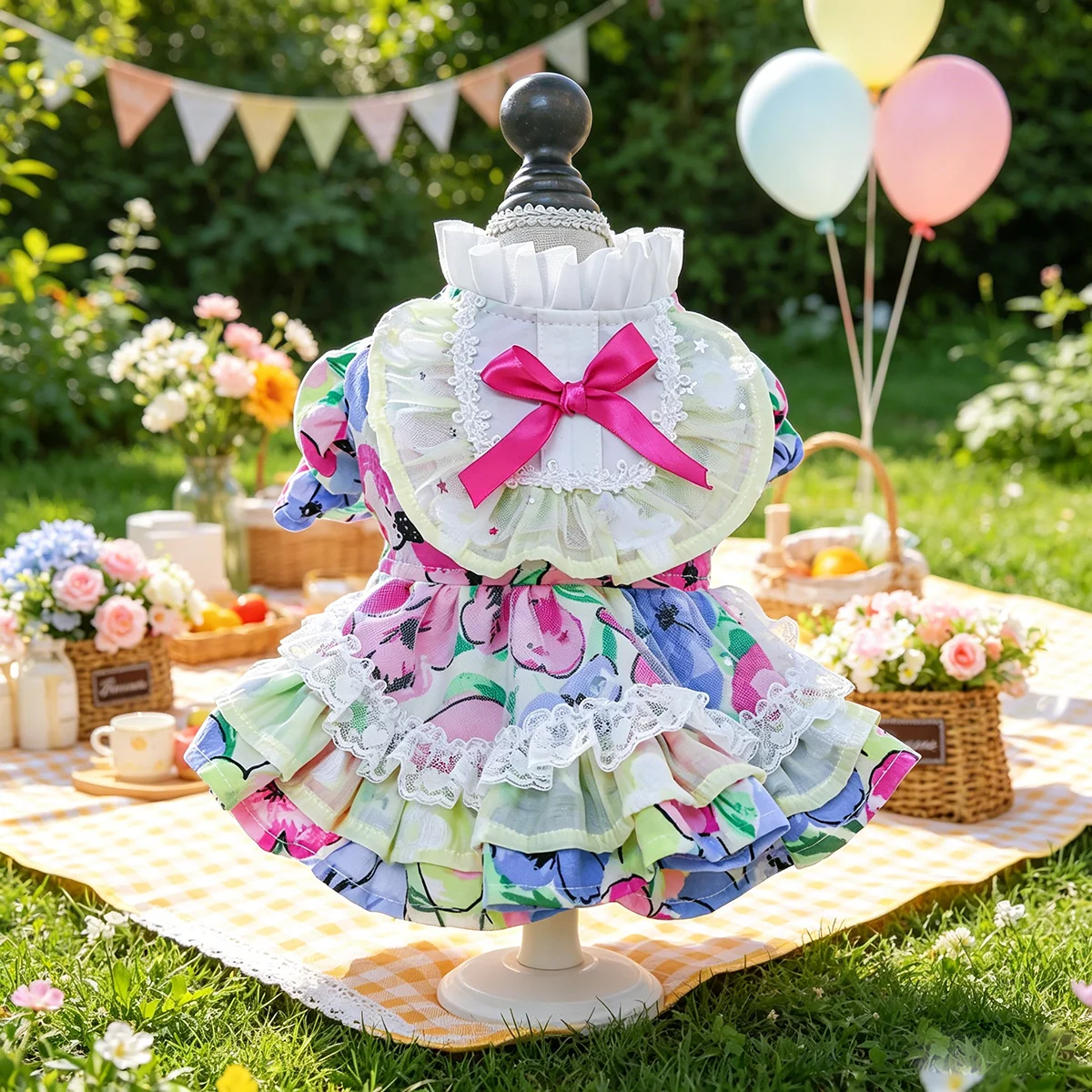 Vestido Vibrante de Encaje Floral con Volantes para Perros Pequeños y Gatos, Atuendo con Mangas Abullonadas para Cachorros, Ideal para Teddy, Bichón, Pomerania, Yorkshire, Maltés