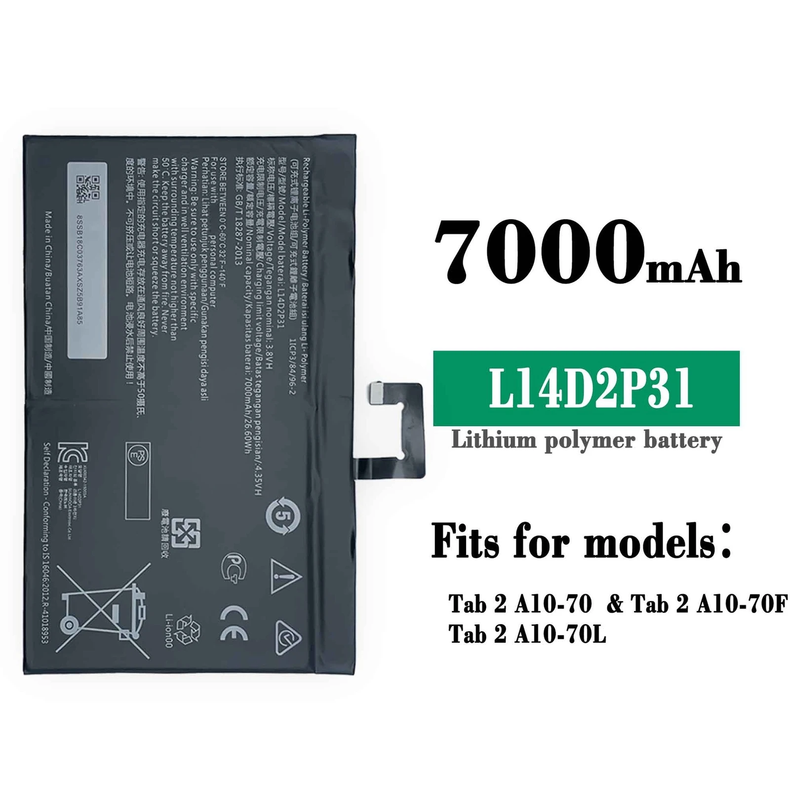 Replacement New Tablet Battery For Lenovo Tab 2 X30M X30F A10-70F L L14D2P31