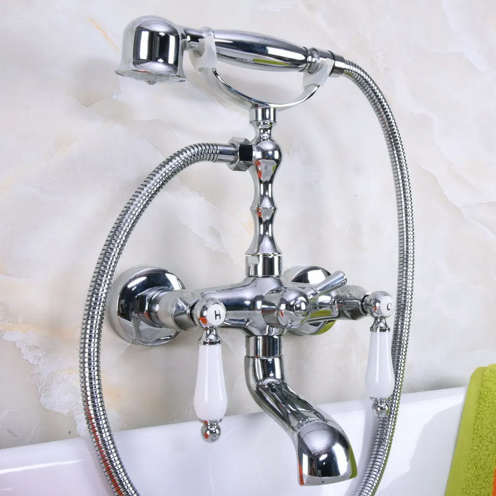 

Polished Chrome Bathroom Dual Handle Bathtub Sink Faucet Wall Mounted Telephone Style Tub Mixer Taps with Hand Shower