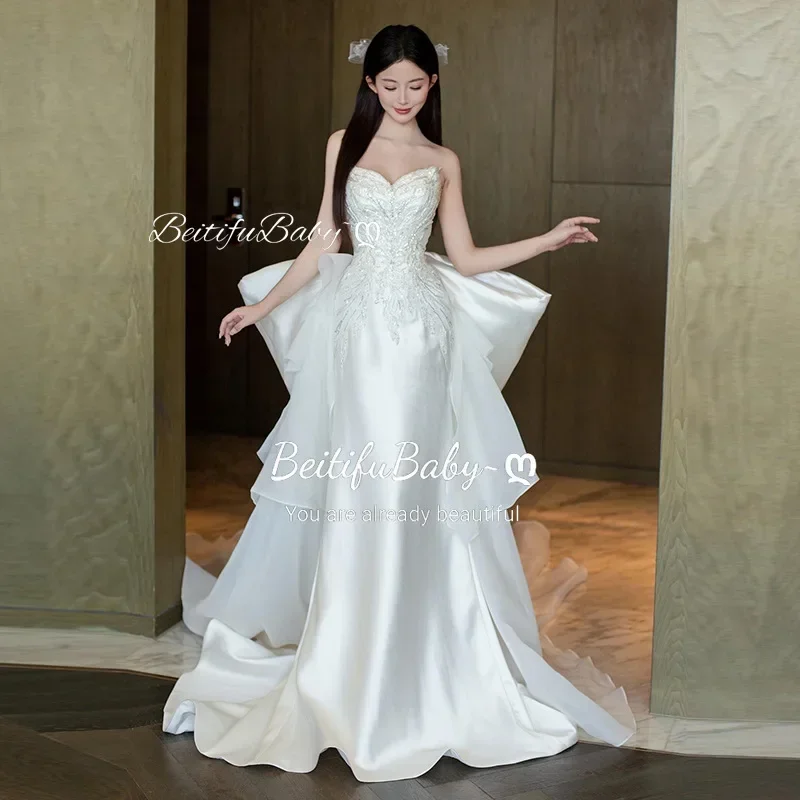 

BeitifuBaby French Style Strapless Evening Dresses for Women Party 2024 Elegant Sequins Bow Fishtail Skirt Banquet Prom Dress