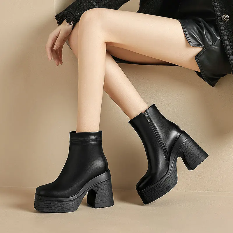 

New Women Boots Genuine Leather Cowhide Chelsea Thick High Heel Boots Autumn Winter Thick-soled Shoes