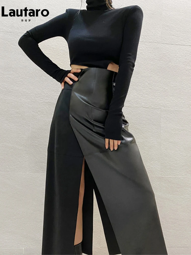 Lautaro Spring Autumn Long Sexy Patchwork Pu Leather Midi Skirt Women with Slit High Waist 2024 Luxury Designer Clothes Fashion