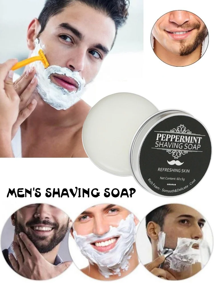 

Традиционное мыло для бритья для мужчин, ручная работа с мятным эфирным маслом, 60 г в сборе, обеспечивает гладкое скольжение для закрытия бритья, уход за кожей