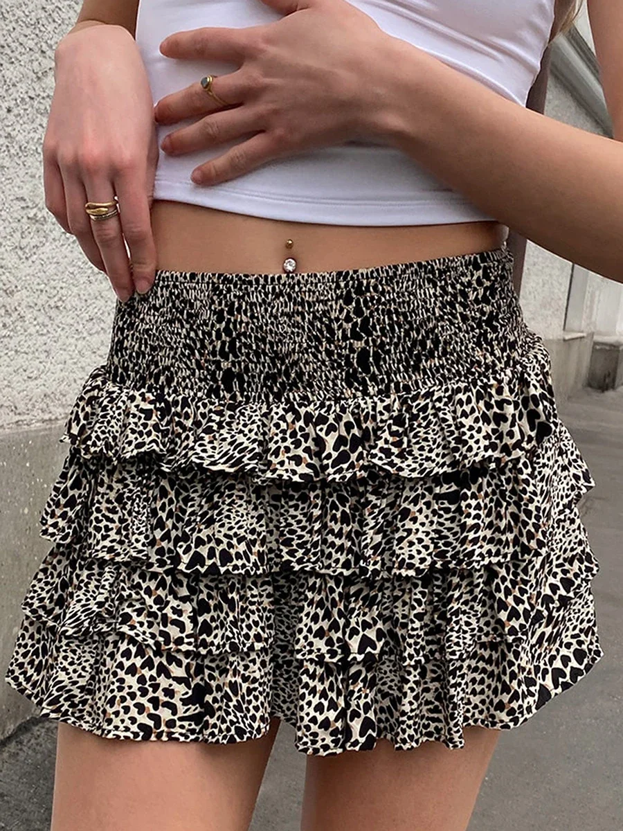 Women'S Deep Brown Pleated Cake Leopard Print Short Skirt Elastic High Waisted Layered Pleated A-Line Short Skirt Summer Version