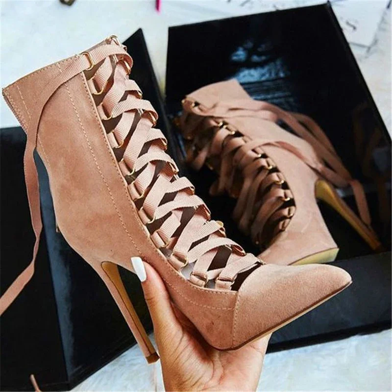 Women Sandals Flock Lace Up 11CM Thin Heels High Heels Pointed Toe Shallow Ankle Strap Women Shoes Sandalias Mujer Size 35-42