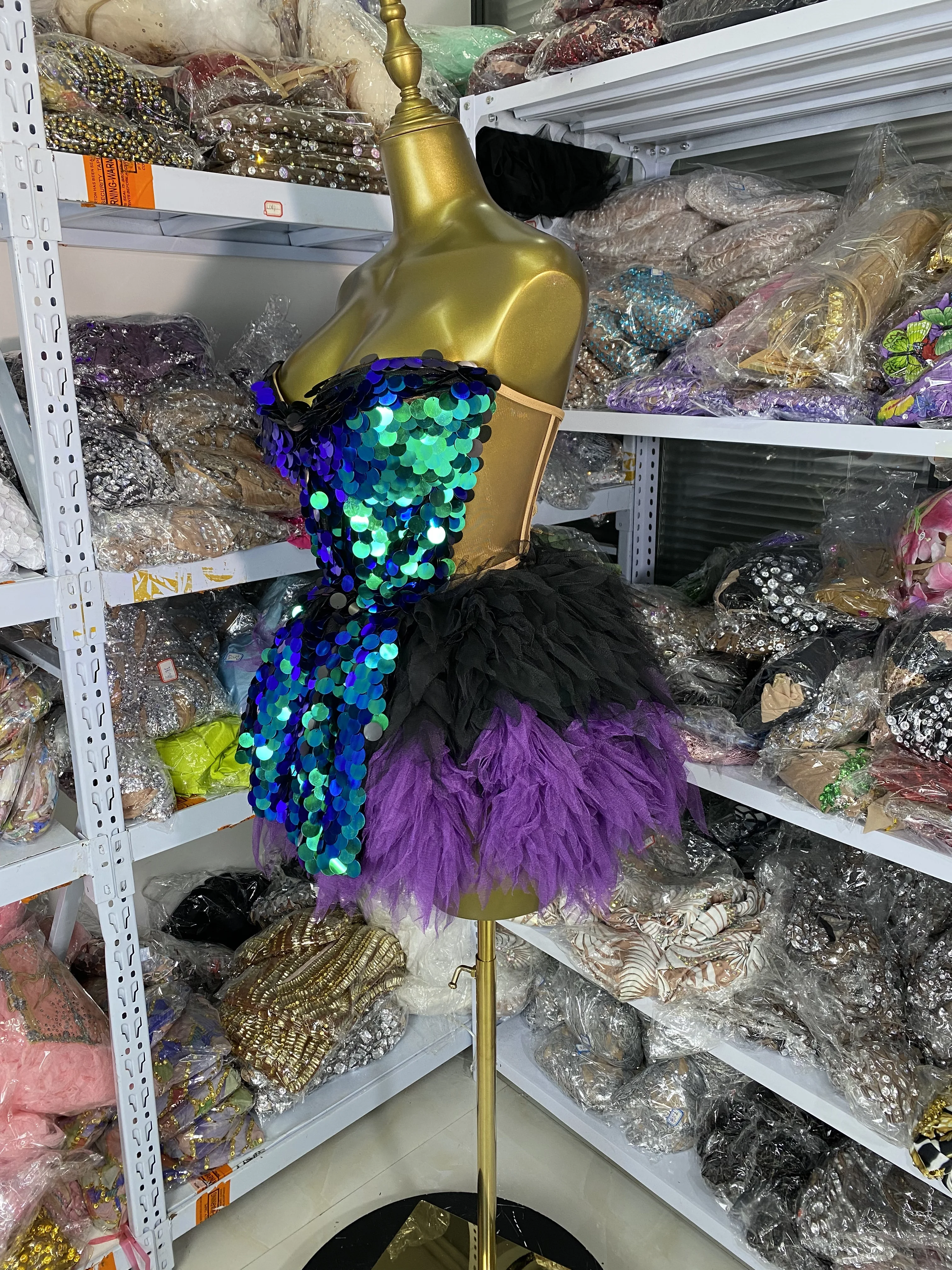 Women Evening Club Party Outfit Blingbling Sparkly SEequines Strapless Top And TUTU Mini Skirt Two Piece Sets Stage Costumes