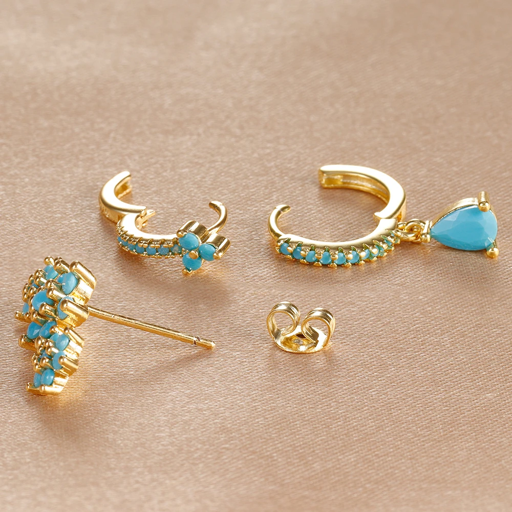 3PCS Flower Pendant Stainless Steel Earrings Set for Women Blue Zircon Water Drop Hoop Earring Aesthetic Piercing Jewelry Gifts