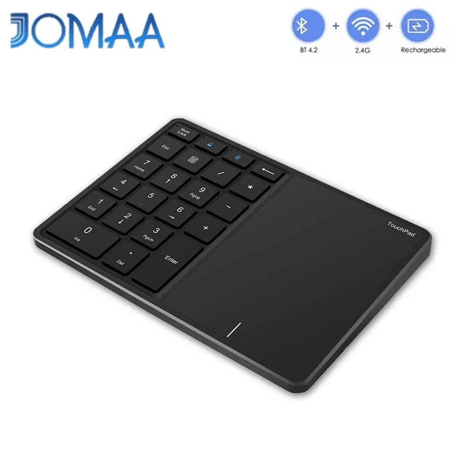 JOMAA Bluetooth Numeric Keypad, 2.4G&Bluetooth Rechargeable Keyboard,22-Key Number Pad With Touchpad for Windows Laptop