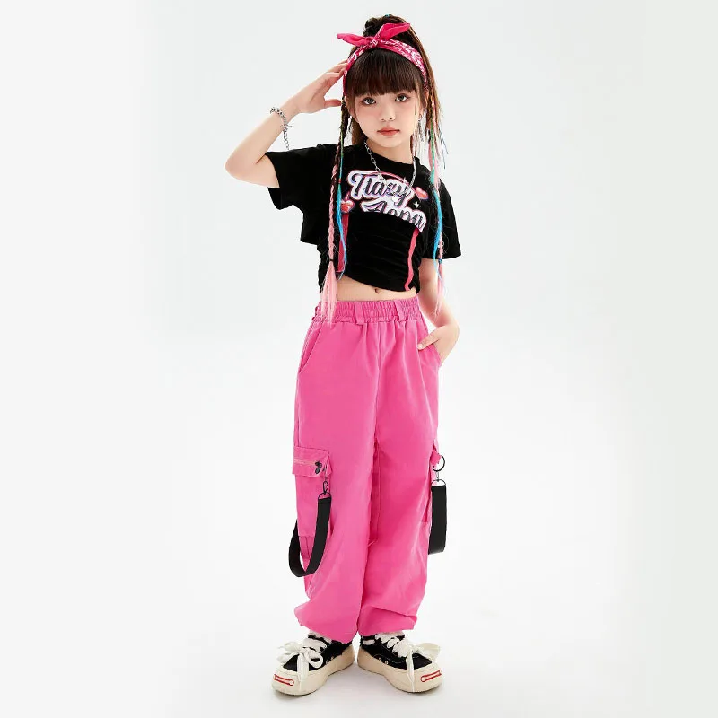 Hip Hop Street Dance Costume for Kids Black T Shirt Pink Pants Jazz Performance Clothes Girls Kpop Outfit Jazz Drum Stage Wear