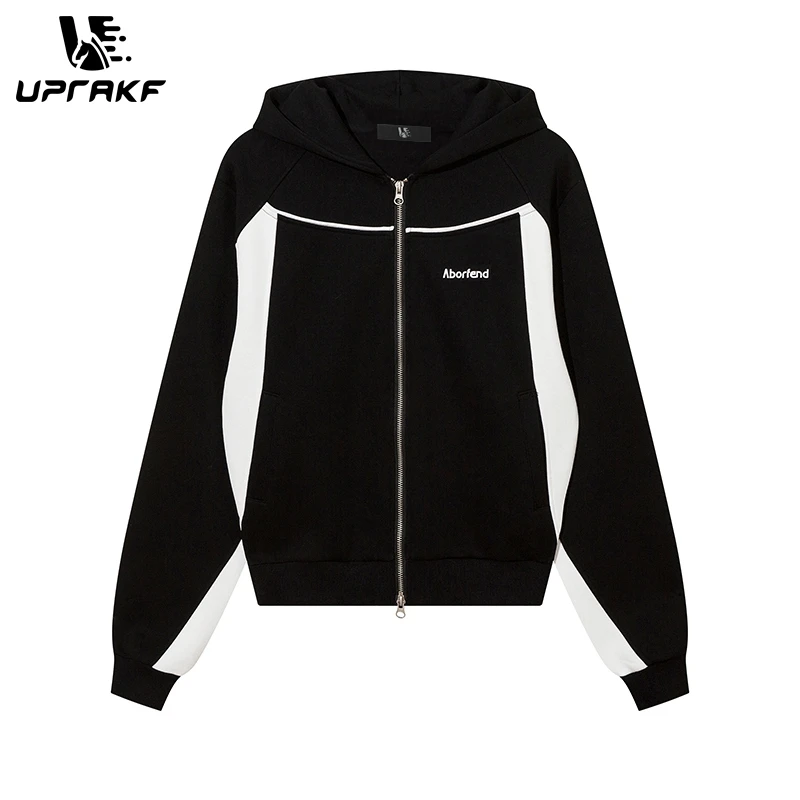 

UPRAKF Sweatshirt Men Contrast Casual Spliced Zipper Outwear Zip Up Hooded Coat Autumn Long Sleeve Classic Design Unisex Fashion