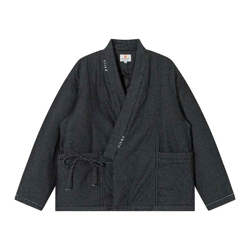 

Winter Japanese Style Blue Kimono Jacket Streetwear Men Pocket Coat Haori Oversized Samurai Tops