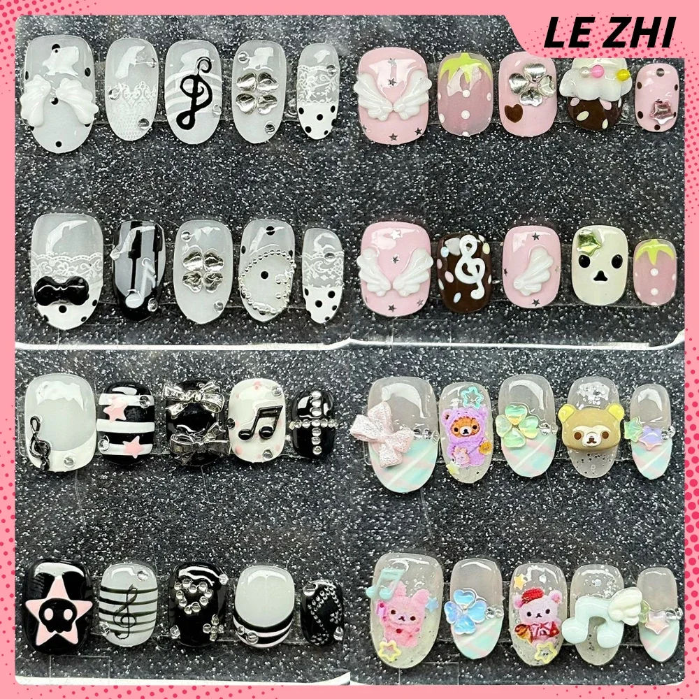 

Y2K Handmade Long Coffin Ellipse Shining Stars French Press On Nails Four-Leaf Clover Diamond Polka Point Wings Fake Nails Gifts