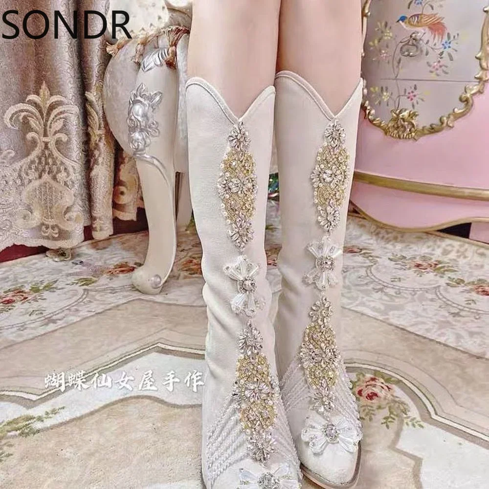 Womens Pointed Toe Rhinestones Diamond Pearls Tassels DIY Bling Knee Thigh Boots Block Heel Shoes X-mas Gift Sweet Girls Luxury