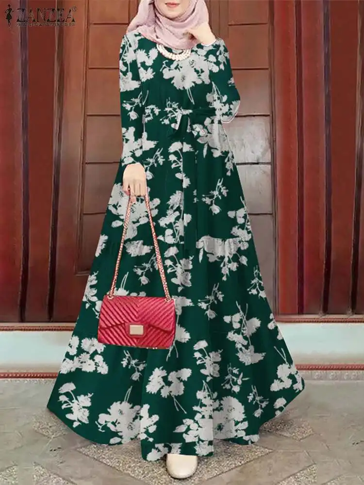 ZANZEA-vestido abaya muçulmano de manga comprida para mulheres, vestido de verão floral vintage estampado, Eid Mubarek, Ramadan, Turquia, outono