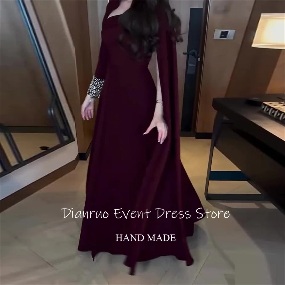 Dianruo mangas assimétricas borgonha vestidos de noite embelezados punhos vestido de baile uma linha vestido de seda de cetim árabe saudita personalizado