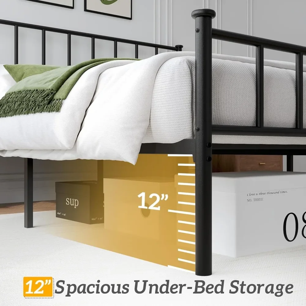 إطار سرير كوين مع لوح أمامي ولوح للقدمين، إطار سرير بمنصة معدنية، دعم جميع الشرائح المعدنية، تخزين تحت السرير، بدون صندوق Sprin