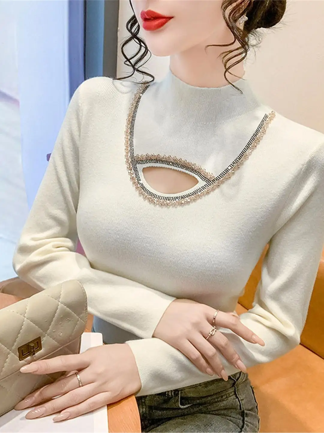 

Ladies f High Collar Sweater 2025 Autumn Winter New Sle Heavy Drill Hollow Knitted Long Sve Base irt Inner Wear Top