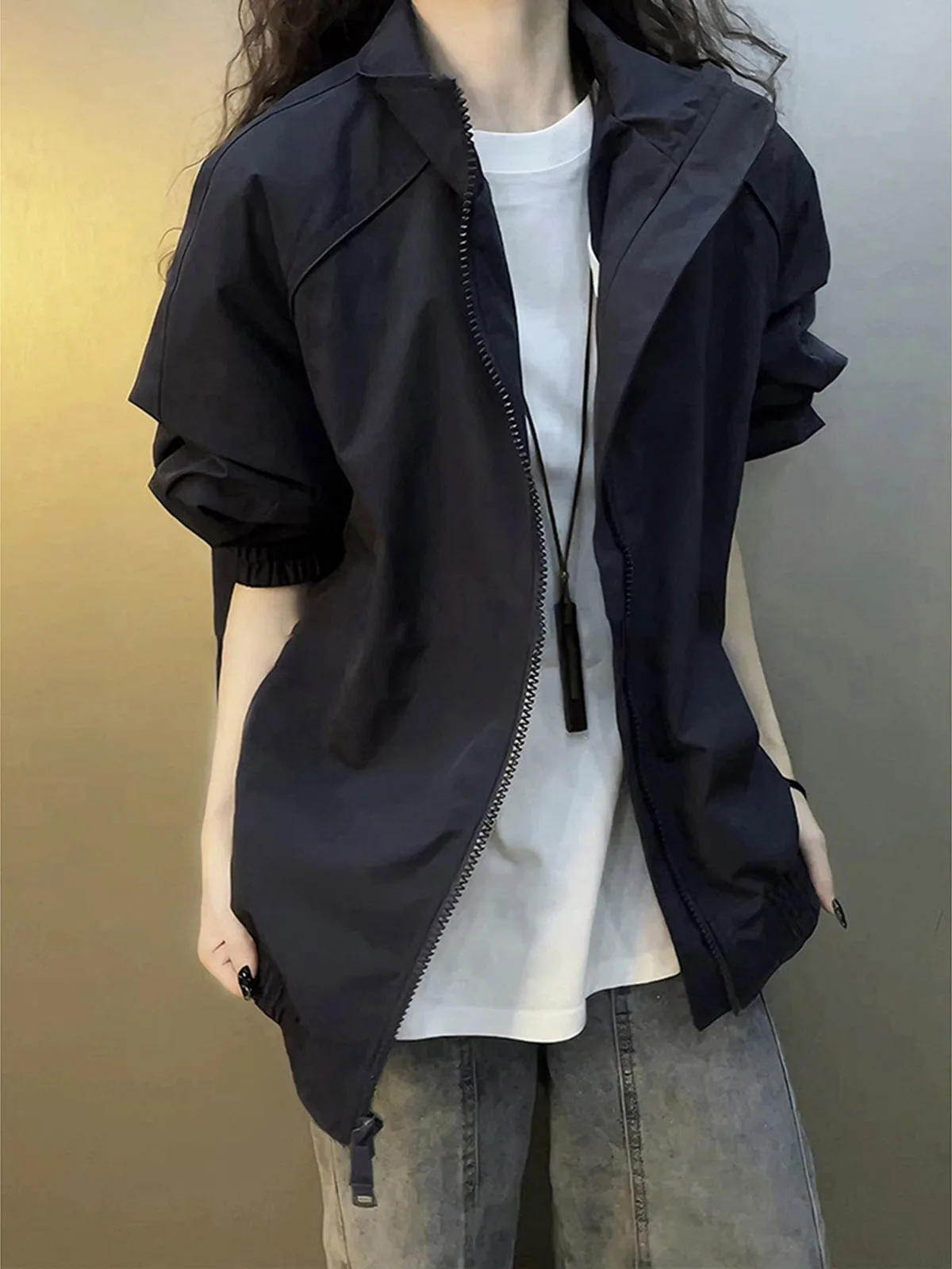 Black Deconstructed Flight Jacket Men's Short Baseball Style Cleanfit Stand Collar Workwear Coat Unisex Autumn Casual Fashion