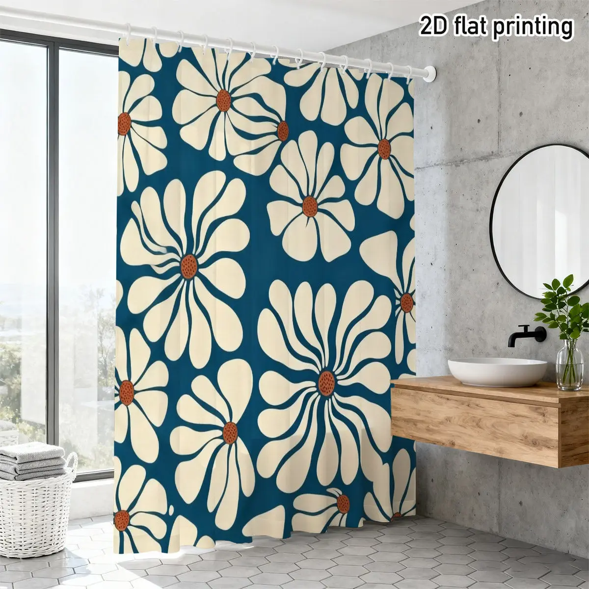 

Ретро-шторка для душа с цветочным принтом – кремовые ромашки на темно-синем фоне, 2D плоский принт, устойчивый к выцветанию полиэстер, 12 крючков.