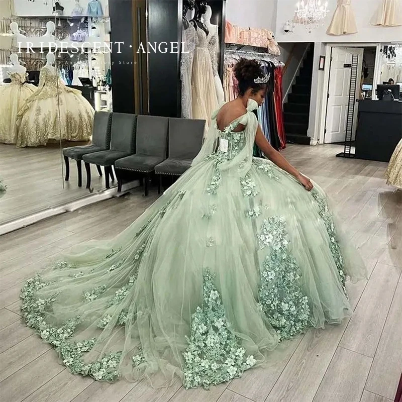 Abito da ballo verde menta iridescente con spalle scoperte Appliques floreali paillettes abiti Quinceanera dolce 16 abito Vestidos De 15 Anos