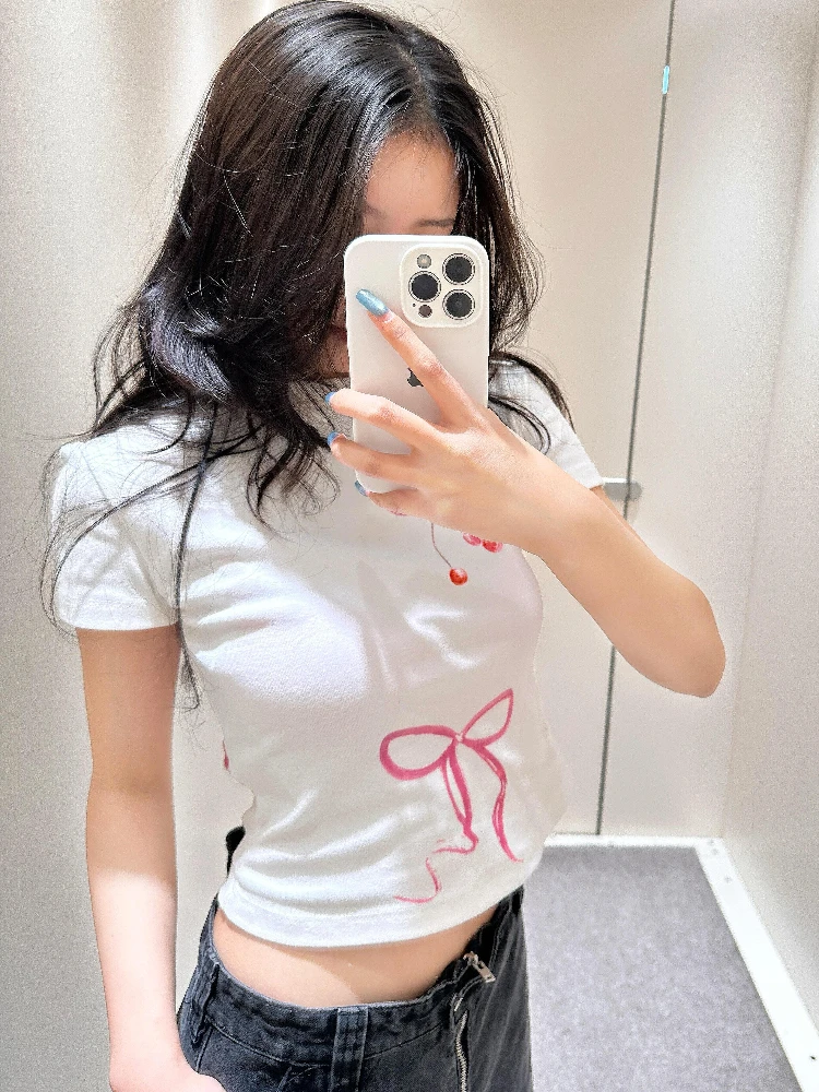 순면 고탄력 오르트 스피 티셔츠 여성 슬림핏 프린트 숄더 체리 캐주얼 슬리브 탑 여름옷