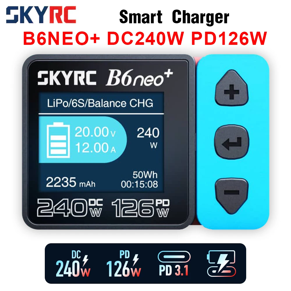 ​SKYRC B6neo+ Smart Charger High Power DC240W PD126W Multilanguage Balance Charger 600mA XT60/Type-C Compact Charger Discharger