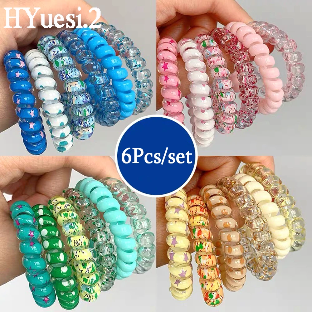 6pcs/Set Colorful Spiral Hair Ties Waterproof Jelly Color Star Flower Pattern Phone Cord Hair Rope For Girls Ponytail Holder