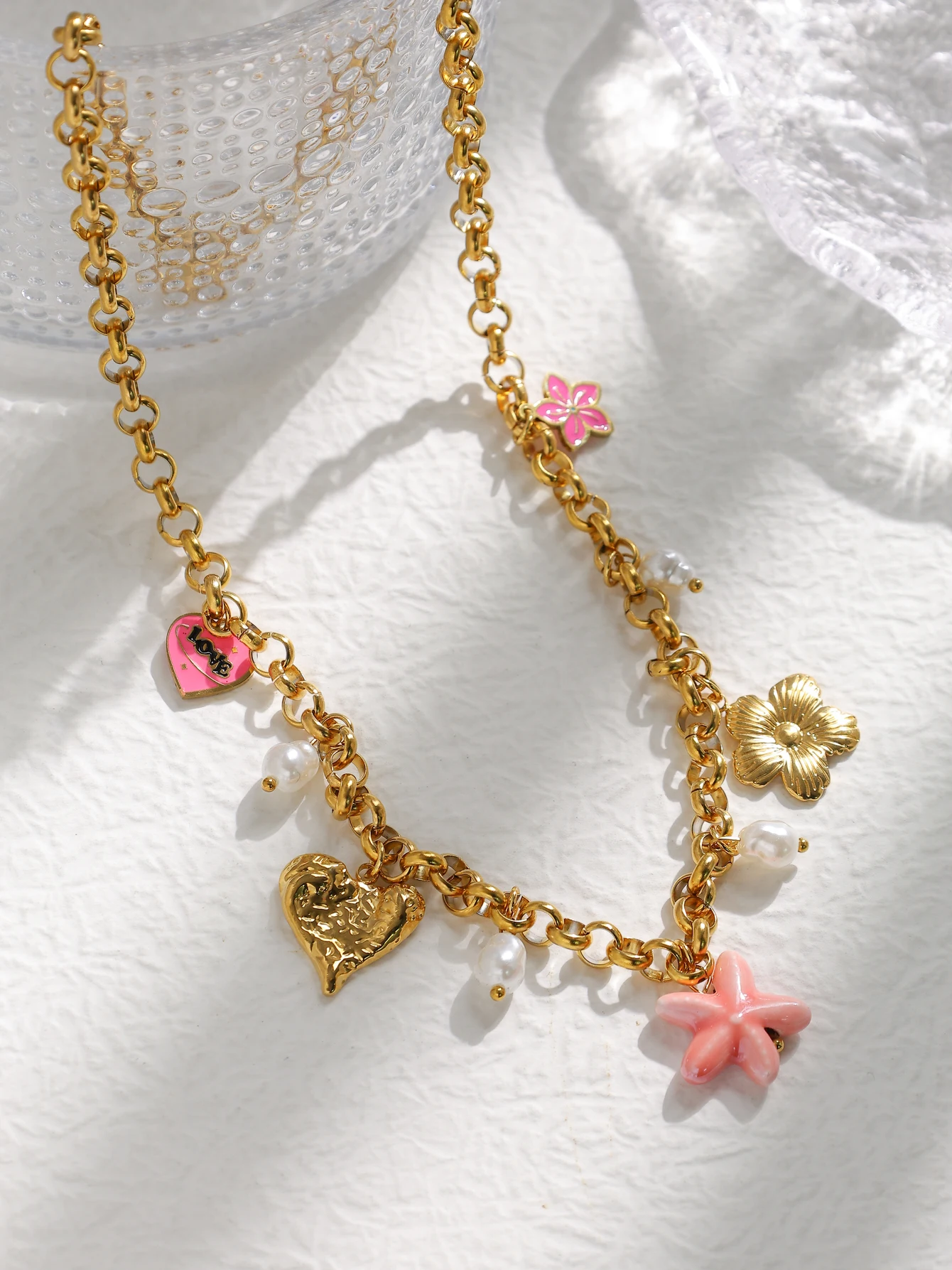 Women\'s Starfish Ceramic Flower Love Pearl Pendant Necklace Cute Heart Shaped Gold Collar High Quality Party Jewelry Gift