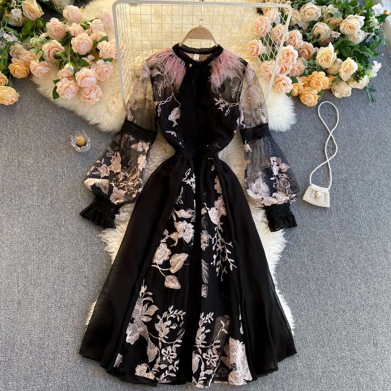 2023 Spring Autumn Zipper Embroidery French Retro Style Lapel Waistband Slim A Line Mesh Lace Dress Elegant Women Clothing