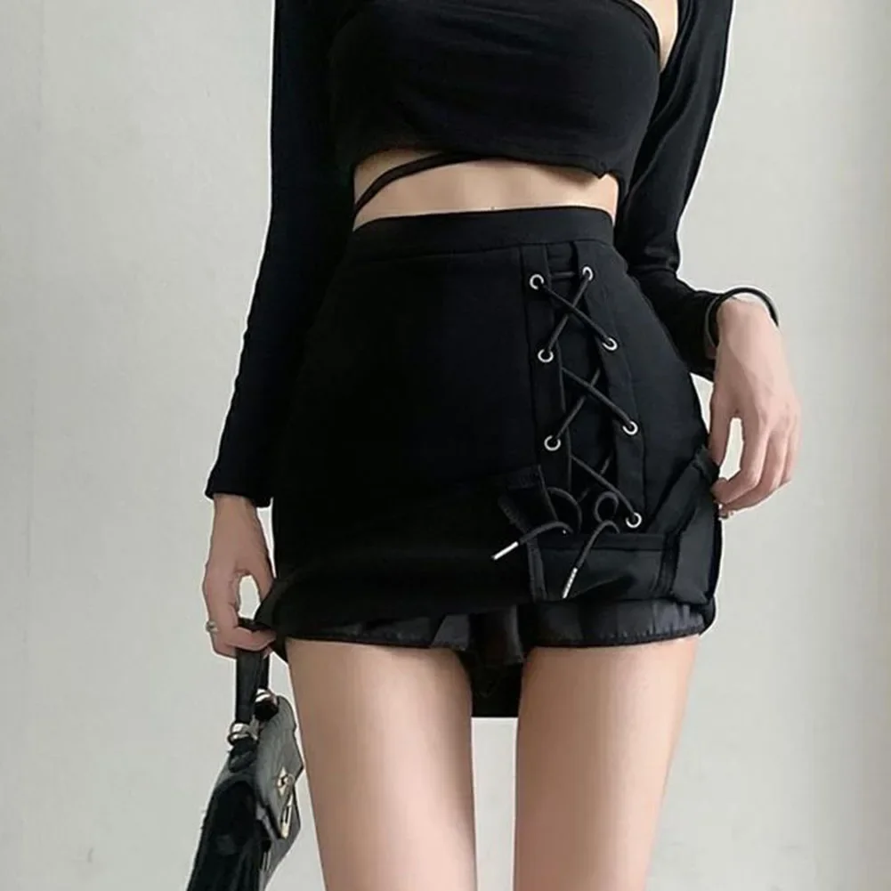 Gothic Summer High Waist Mini Skirt Women Sexy Skinny Lace Up Black Short Skirts Woman Streetwear Gothic Y2K Bodycon Skirts