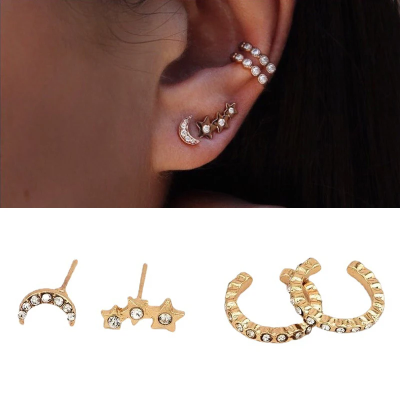 4pcs/set Earrings for Women Crystal Star Moon Stud Earrings Vintage Trend Rhinestones Open Circle Earcuff Punk Statement Jewelry